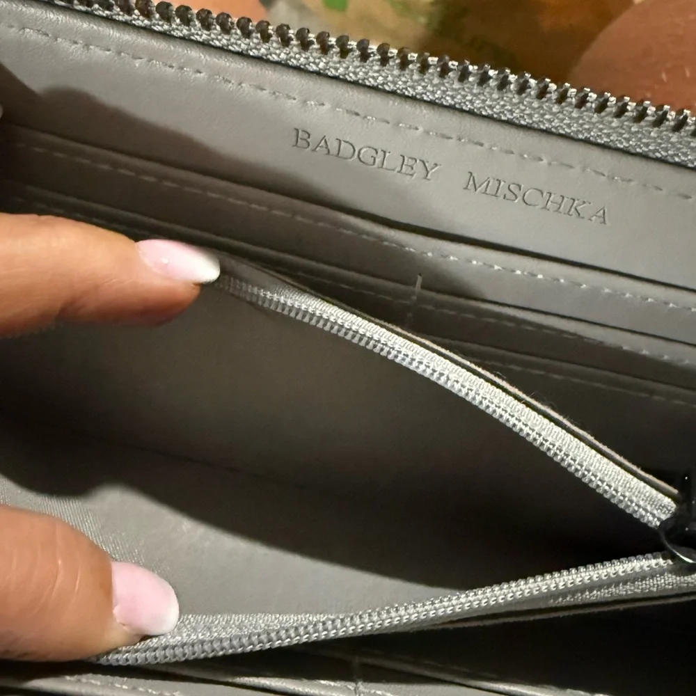 Badgley Mischka Gray Quilted Vegan Leather Wristlet With Black Initials. EUC.